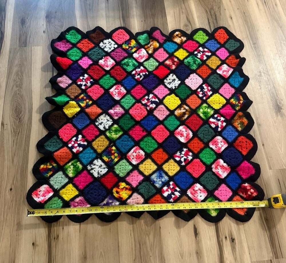 Vintage Handmade Crochet Granny Square Afghan Throw 44x44 Colorful Black